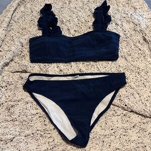 Souther Tide Texture Ruffle Striped Navy Bikini